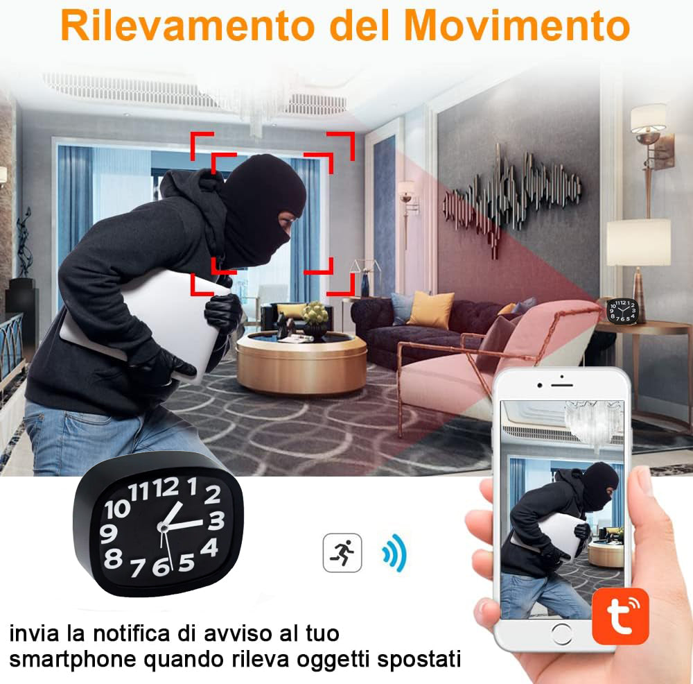 1080P WiFi Spy Camera Alarm Clock, Motion Detection, Night Vision, Microphone, View from iOS/Android Phone TUYA APP Home/Office Monitoring (C6)
