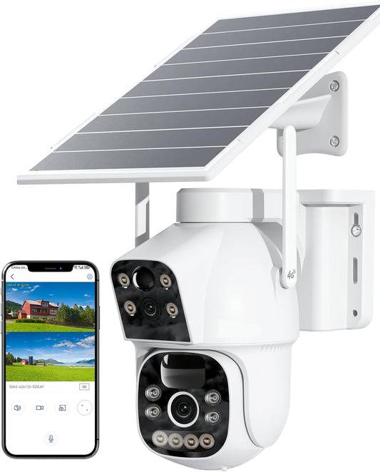 Telecamera Solare Esterno con SIM Doppio Obiettivo, 15600mAh Batteria 8W Pannello Solare Telecamere senza Fili Dual-PIR Rilevamento Umano Visione Notturna PC/Cloud/IP66-NO WiFi