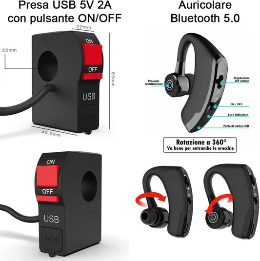 K750 Navigatore GPS per moto con auricolare bluetooth telefonate mappe sistema Carplay/Android auto TF card per musica/film e presa USB manubrio
