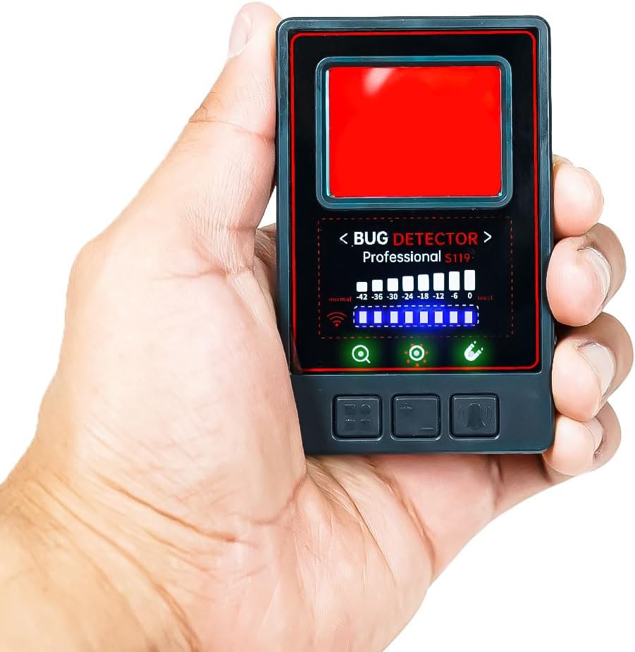 Rilevatore Microspie 5 in 1 Portatile rileva Telecamere wifi Microfoni Wireless GPS Tracker con 8 Livelli Sensibilità, AI Avanzata & 25h Autonomia (S119 slim)