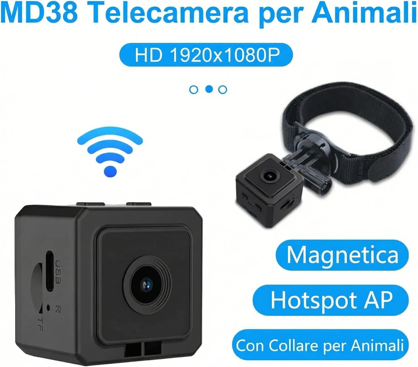 Telecamera per Cani e Gatti WiFi con Visione in Tempo Reale – Videocamera Portatile Full HD 1080P con Grandangolo 120°, Batteria 700mAh, Supporto Micro SD, Connessione Hotspot AP – Monitora il Tuo Pet