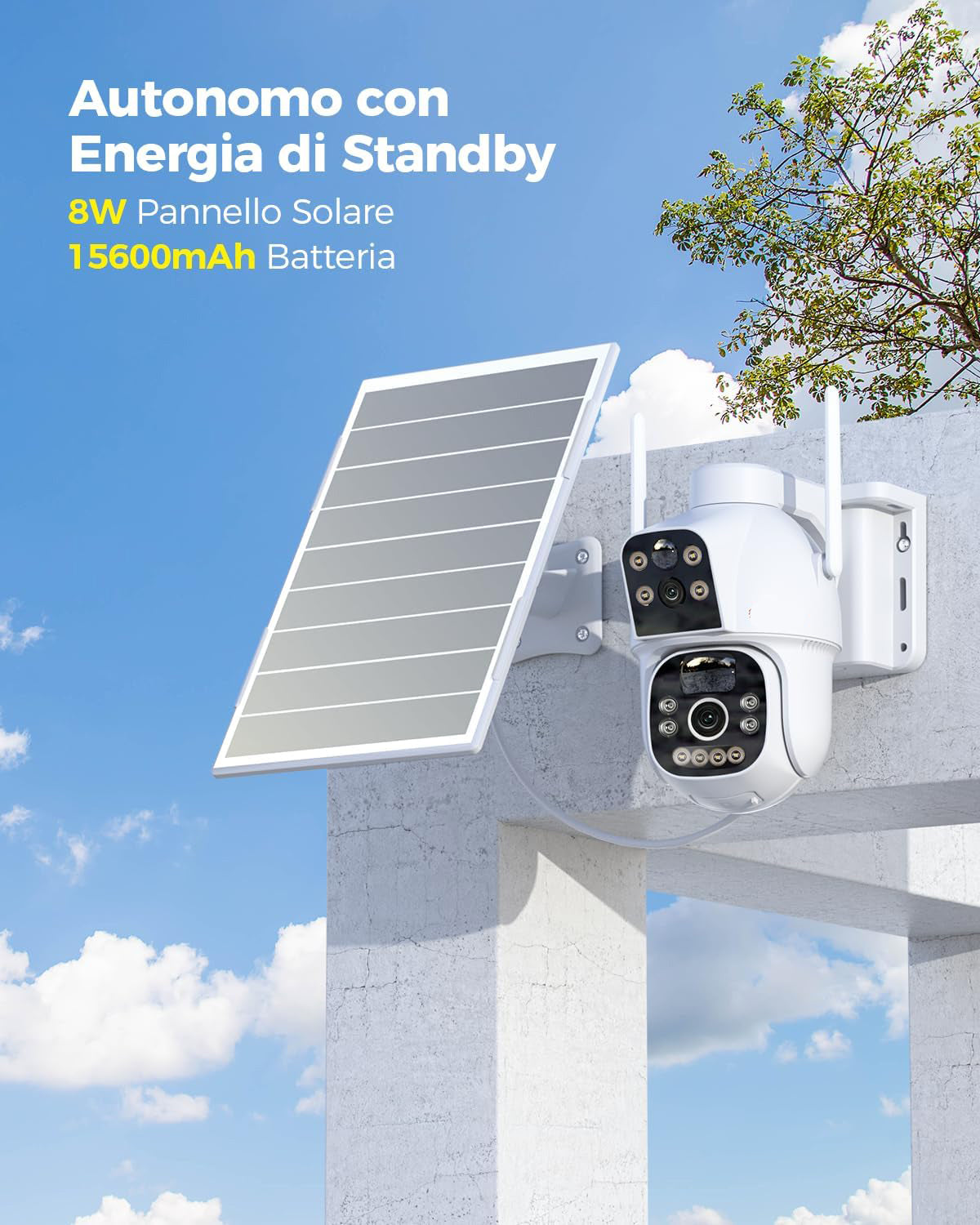Solar Camera Outdoor with SIM Dual Lens, 15600mAh Battery 8W Solar Panel Wireless Cameras Dual-PIR Human Detection Night Vision PC/Cloud/IP66-NO WiFi