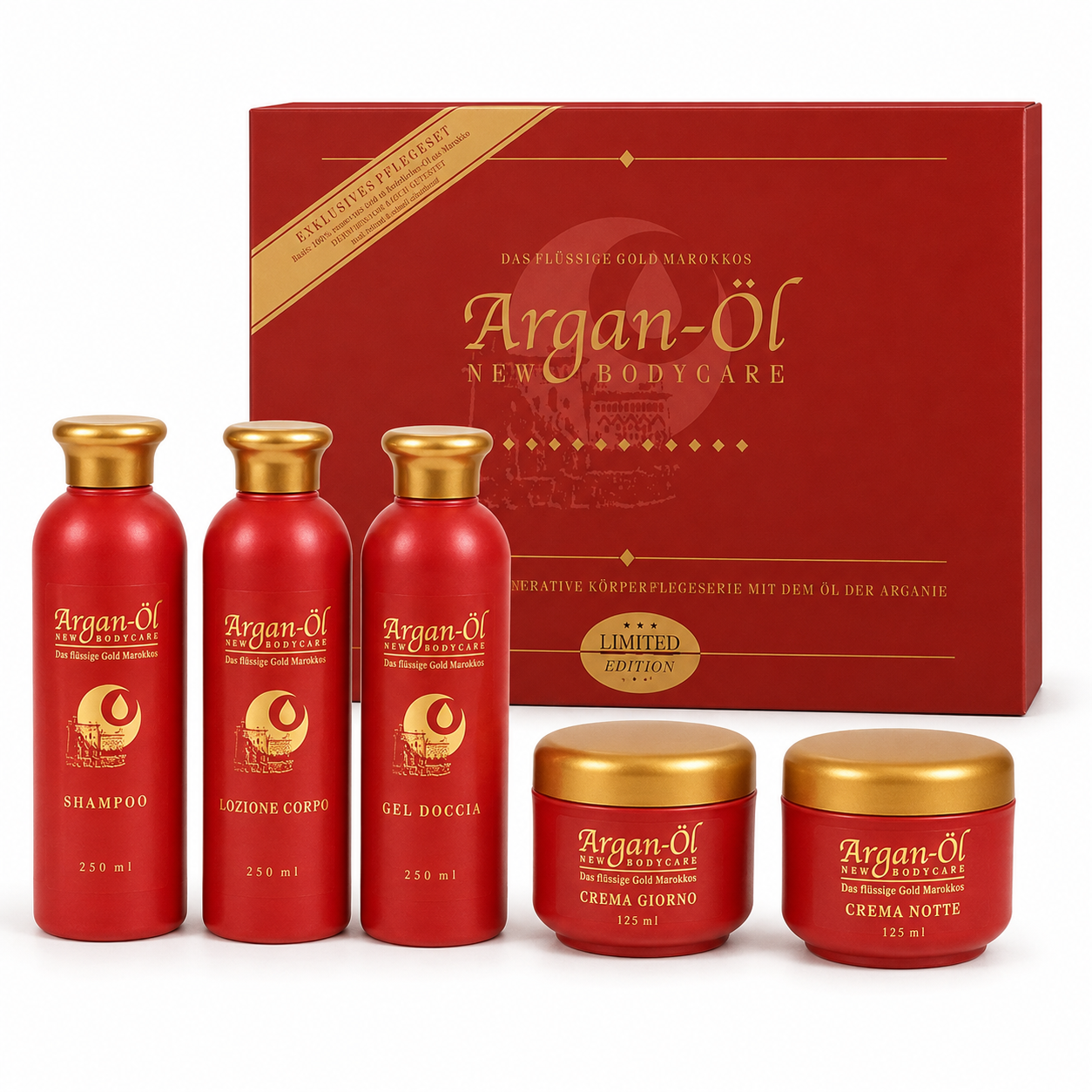 Set Cura del Corpo 5 Pezzi con Olio di Argan – Linea Rigenerante Anti-Age con Shampoo, Lozione Corpo, Gel Doccia, Crema Giorno e Crema Notte