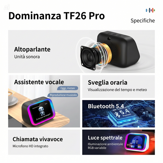 Altoparlante Bluetooth con Display 4" – Smart Speaker con Assistente Vocale, Chiamate, Musica, Meteo, Calendario, Sveglia, Cronometro, Calcolatrice, Orologio Mondiale, Effetti Luce, Cerca Telefono, Fotocamera Remota(Bianco)