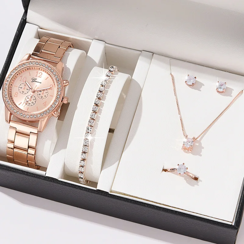 Cofanetto Regalo Donna 5 Pezzi Oro Rosa β Set Gioielli con Orologio, Collana, Orecchini, Anello e Bracciale in Acciaio β Idea Regalo Elegante con Box in Pelle per Compleanno e Anniversario