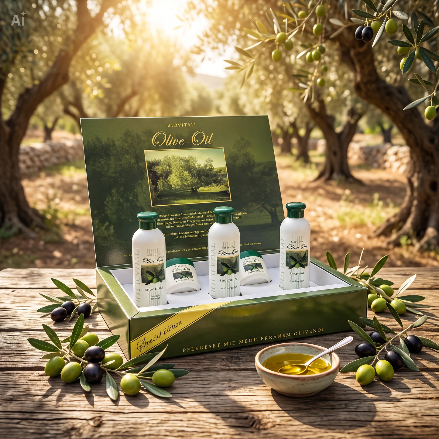 Set Cura della Persona 5 Pezzi con Olio d'Oliva – Edizione Speciale Bio-Vital con Gel Doccia, Shampoo, Lozione Corpo, Crema Giorno e Crema Notte – Cura Completa per Pelle e Capelli