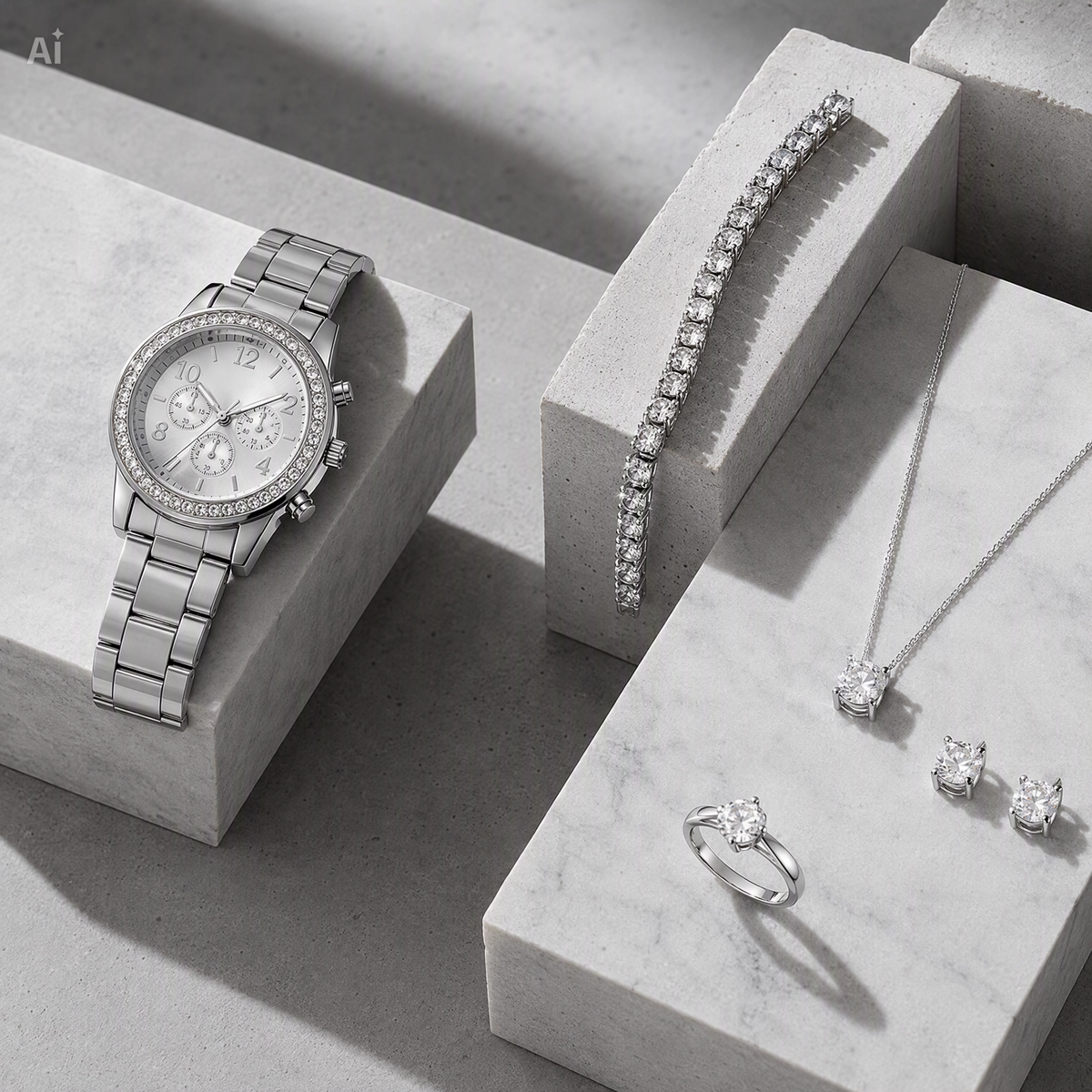 Cofanetto Regalo Donna 5 Pezzi Argento β Set Gioielli con Orologio, Collana, Orecchini, Anello e Bracciale in Acciaio β Idea Regalo Elegante con Box in Pelle per Compleanno e Anniversario
