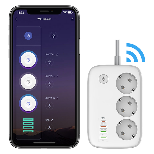 Ciabatta multipresa Smart Wi-Fi, 3 Prese EU + 4 USB QC/PD, Controllo da smatphone app dedicata - Multipresa Intelligente con Timer e Controllo Individuale, compatibile con Alexa e Google Home