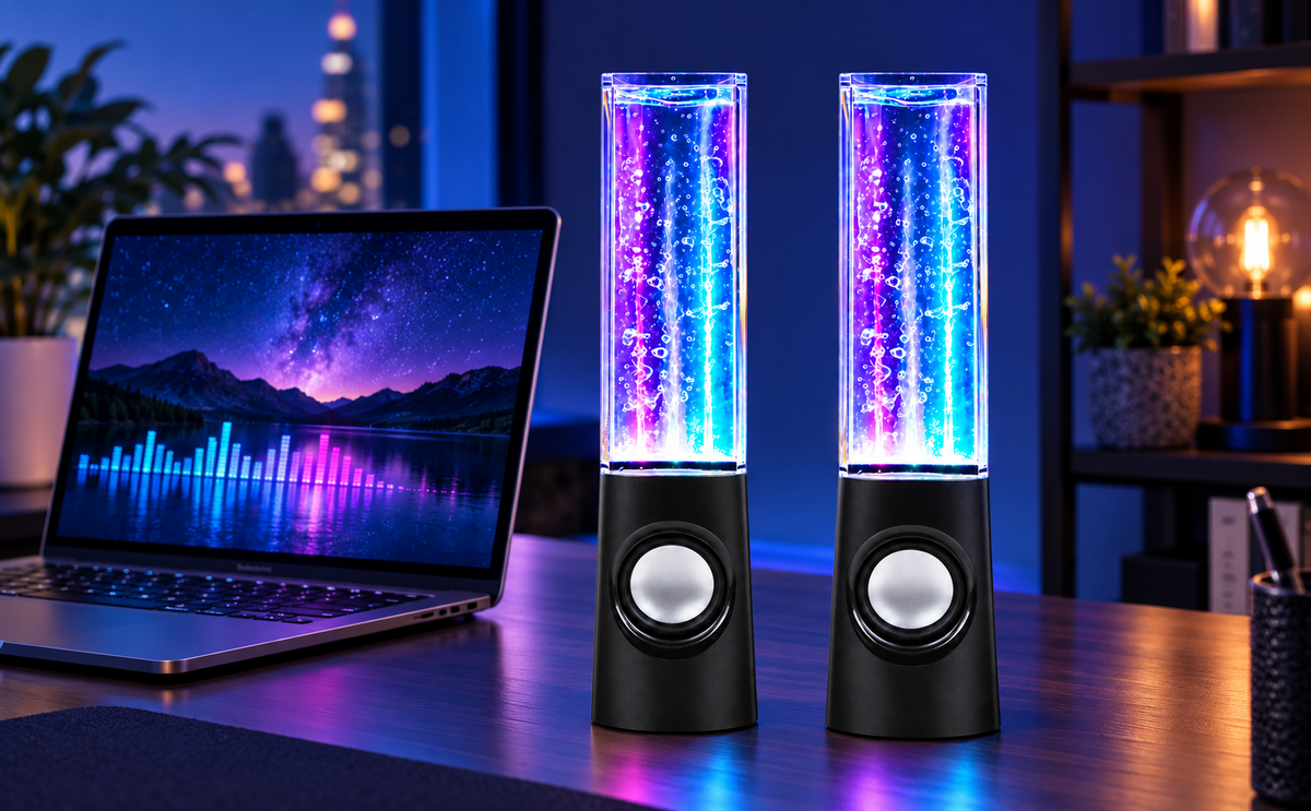 Coppia Casse con Effetto Acqua Danzante e Luci LED β Speaker per Telefono, PC e Tablet con Jack 3.5mm, 3W RMS, Altezza 22cm β Ideali per Musica, Feste e Regalo