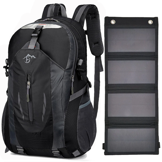 Zaino con Pannello Solare 20W USB 5V Zaino Trekking 40 Litri Impermeabile per Escursionismo, Ciclismo, Moto, Travel Unisex Adulto (Nero)