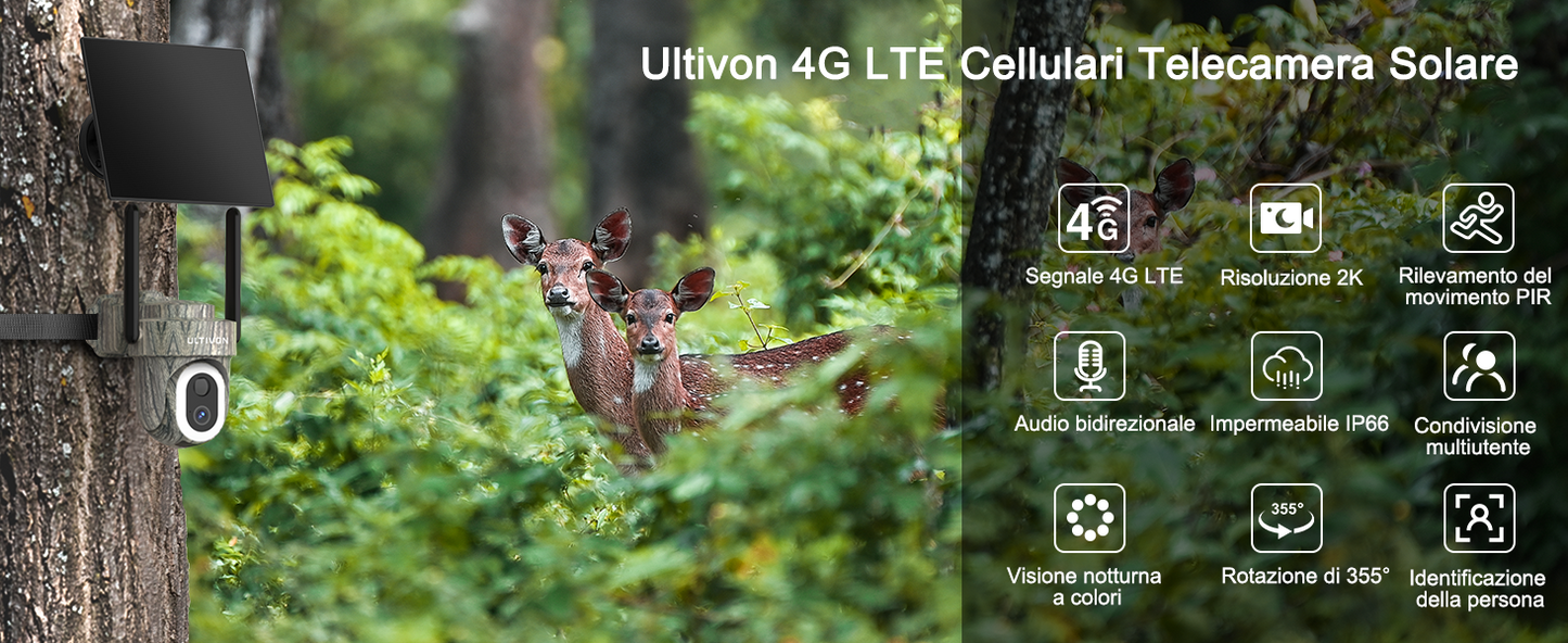 Telecamera con Sim 4G per Esterno,2K Telecamere Senza Fili con Pannello Solare,Visione Notturna a Colori,Rilevamento Umano PIR,IP66 mimetica