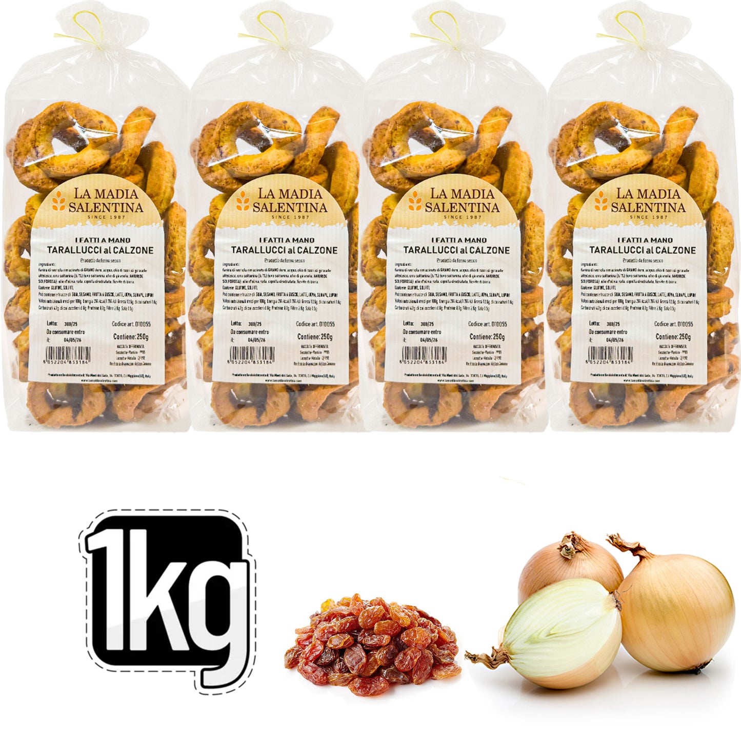 Tarallucci Salentini al Calzone con Uva Sultanina e Cipolla 1 Kg, Artigianali al Forno - Taralli Pugliesi Croccanti Tradizionali del Salento - Tarallini Snack Salato Tipico Puglia (4x250g, Calzone)