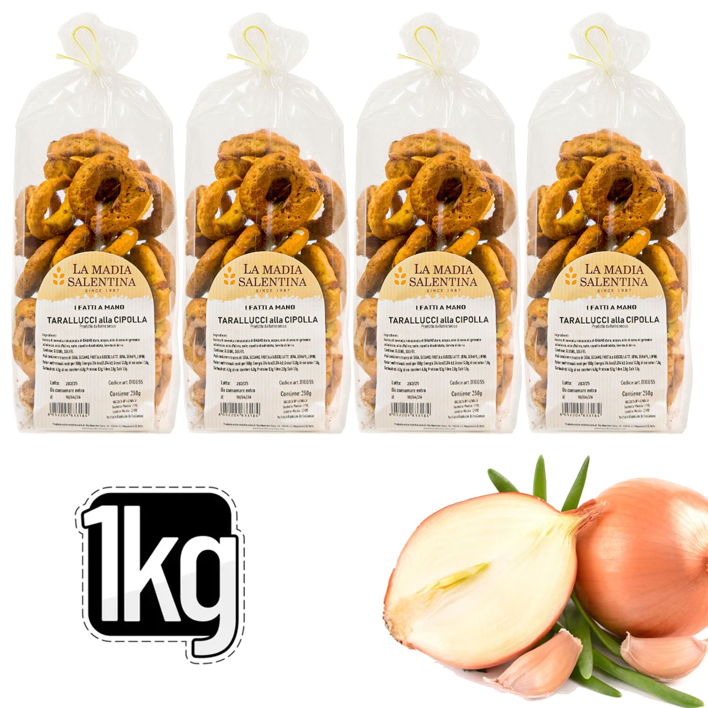 Tarallucci Salentini alla Cipolla 1 Kg, Artigianali al Forno - Taralli Pugliesi Croccanti Tradizionali del Salento - Tarallini Snack Salato Tipico della Puglia (4x250g, Cipolla)