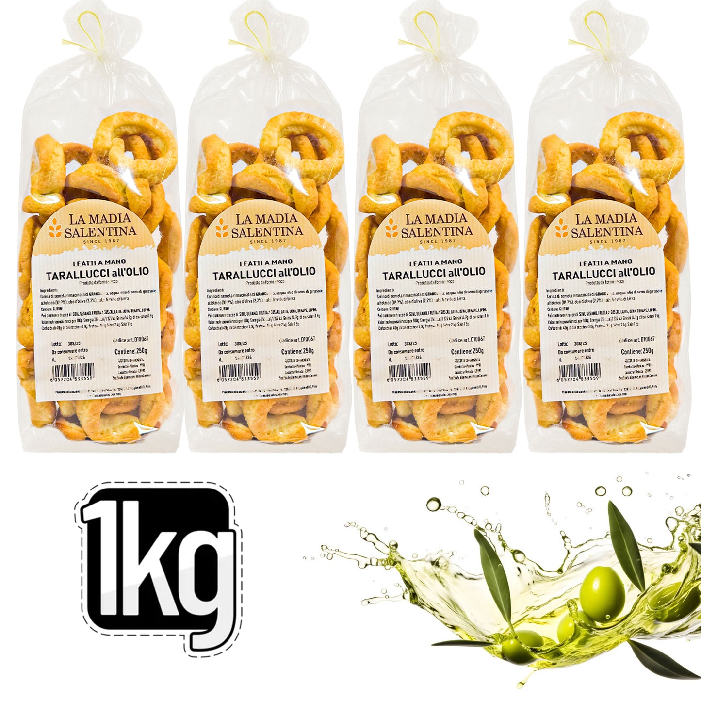 Tarallucci Salentini all’Olio di Oliva EVO 1 Kg, Artigianali al Forno - Taralli Pugliesi Croccanti Tradizionali del Salento - Tarallini Snack Salato Tipico della Puglia (4x250g, Olio di Oliva)
