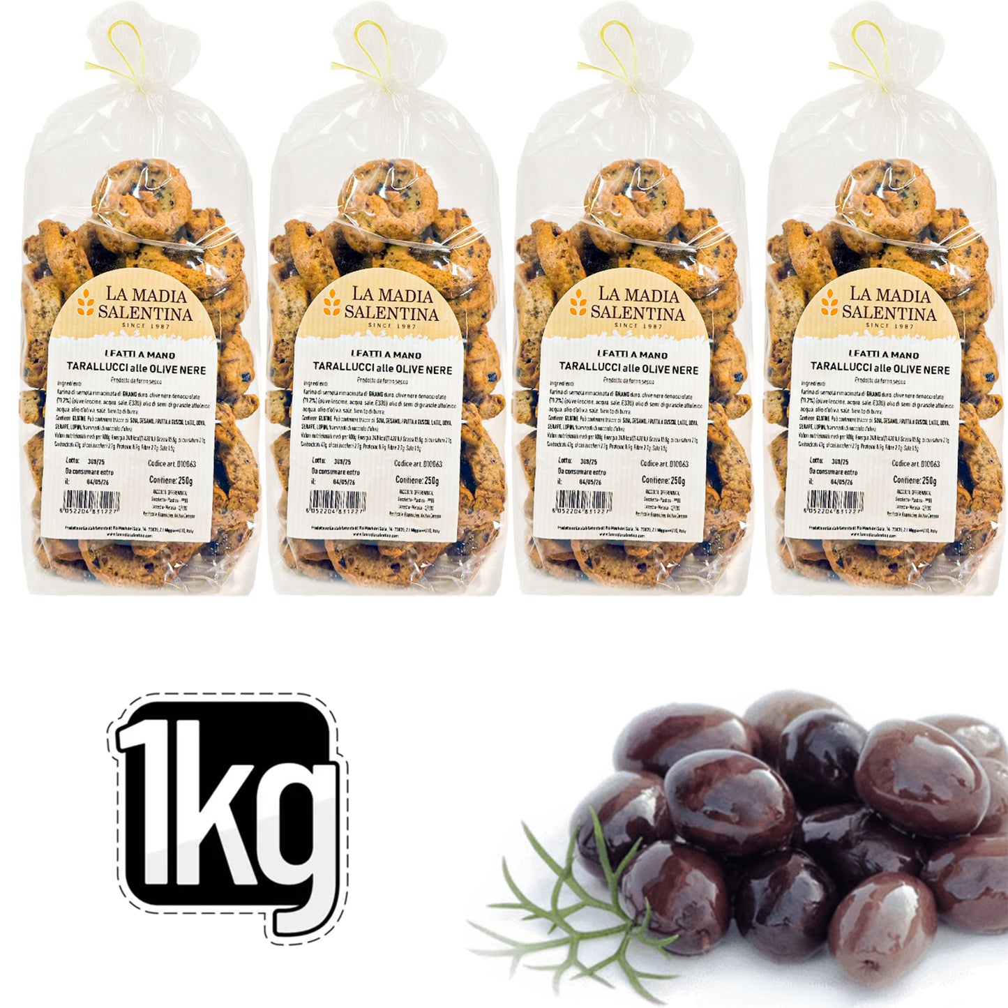 Tarallucci Salentini alle Olive Nere Leccino 1 Kg, Artigianali al Forno - Taralli Pugliesi Croccanti Tradizionali del Salento, Tarallini Snack Salato Tipico della Puglia (4x250g, Olive Nere Leccino)
