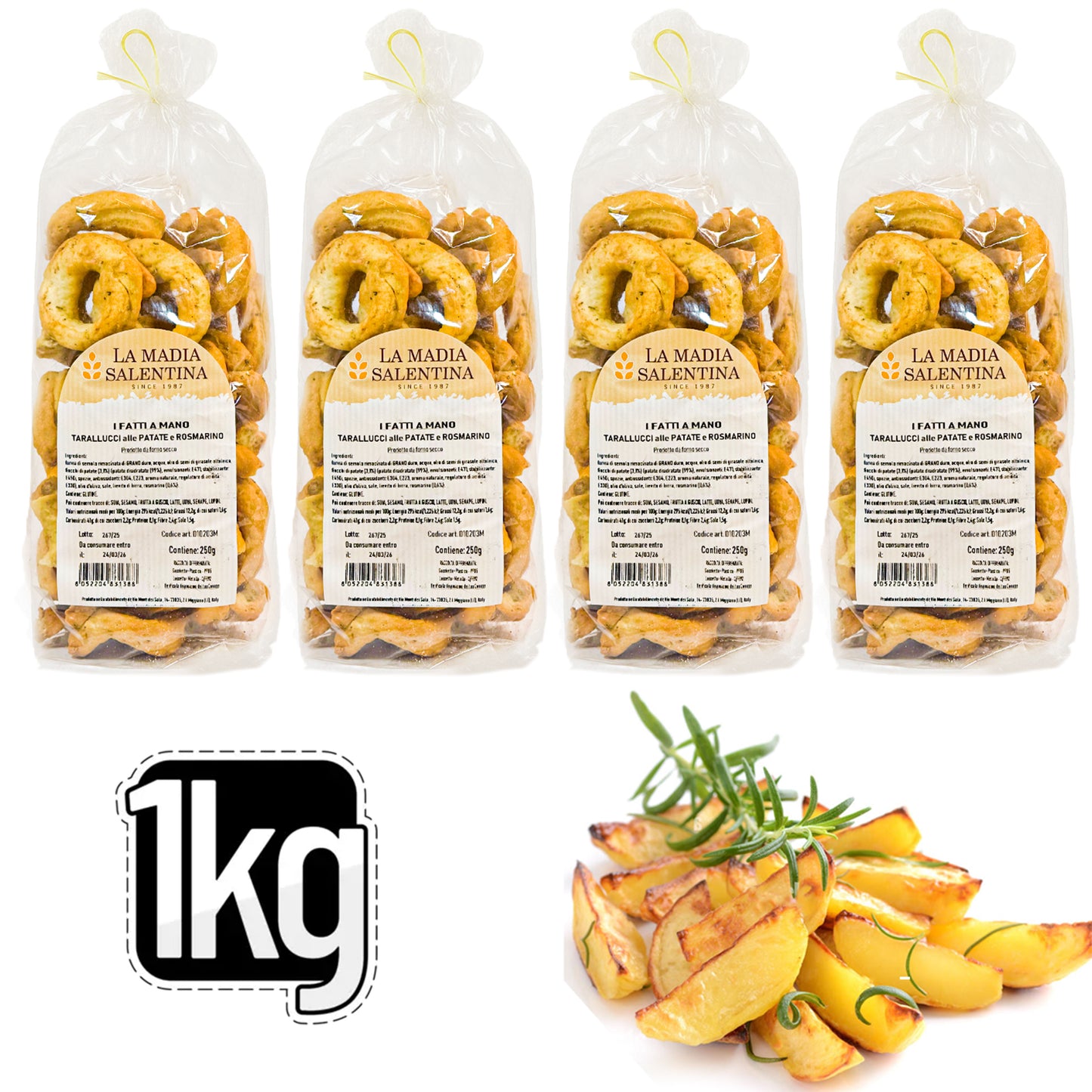 Tarallucci Salentini con Patate e Rosmarino 1 Kg, Artigianali al Forno - Taralli Pugliesi Croccanti Tradizionali del Salento - Tarallini Snack Salato Tipico della Puglia (4x250g, Patate e Rosmarino)
