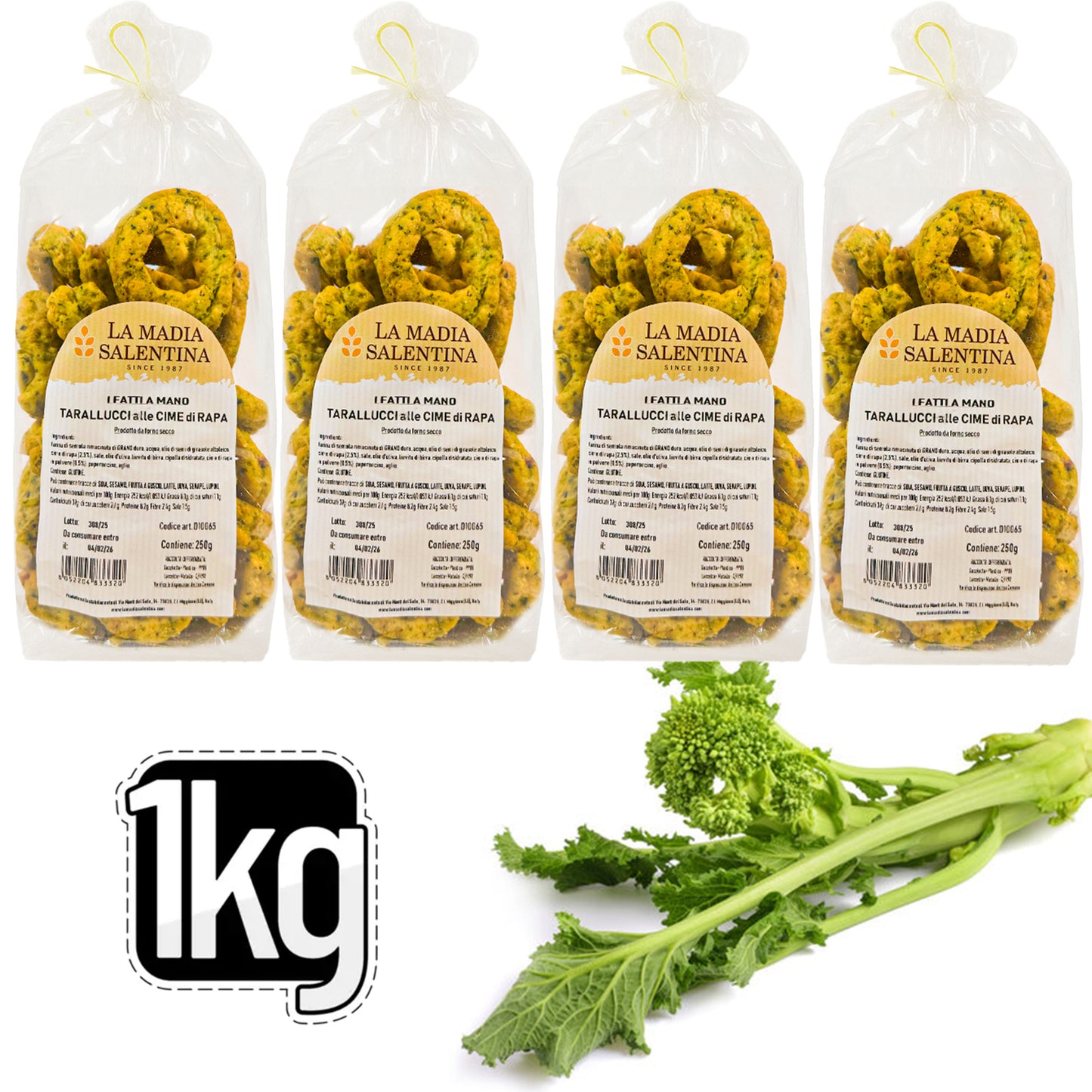 Tarallucci Salentini alle Cime di Rapa 1 Kg, Artigianali al Forno - Taralli Pugliesi Croccanti Tradizionali del Salento - Tarallini Snack Salato Tipico della Puglia (4x250g, Cime di Rapa)