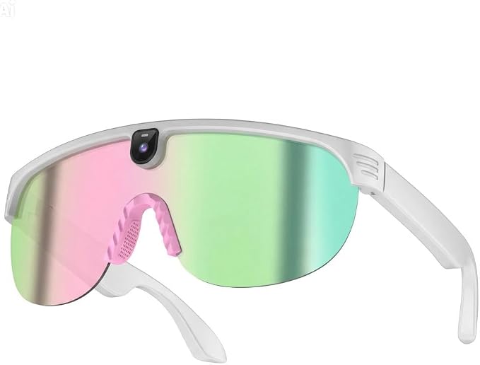 Occhiali Smart AI con Fotocamera 8MP e Audio Open-Ear – Montatura Bianca/ROSA, Video 1200P, Traduzione in 20+ Lingue, AI Descrittiva, Lenti Polarizzate + Gialle, APP Cyan Glasses
