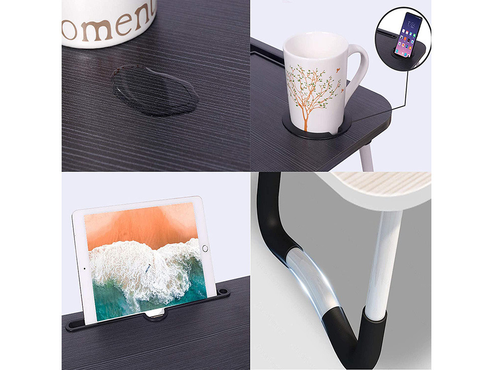 Tavolino Pieghevole per Laptop da Letto – Supporto per PC con Porta Cellulare, Tablet e Tazza, Piedini Antiscivolo, Dimensioni 60x40x28cm, Peso 2kg – Ideale per Letto, Divano e Pavimento