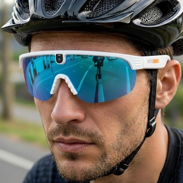 Occhiali Smart AI con Fotocamera 8MP e Audio Open-Ear – Montatura Bianca/BLU, Video 1200P, Traduzione in 20+ Lingue, AI Descrittiva, Lenti Polarizzate + Gialle, APP Cyan Glasses