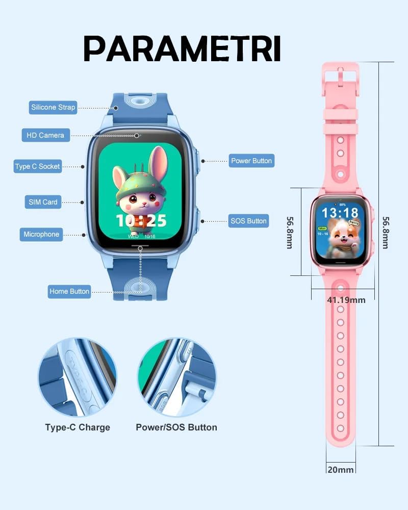 Orologio per Bambini con Pulsante SOS, Videochiamata HD, Modalità Scuola, Posizionamento LBS+WIFI, Schermo da 1,83 pollici, Smartwatch 4G (Copia)