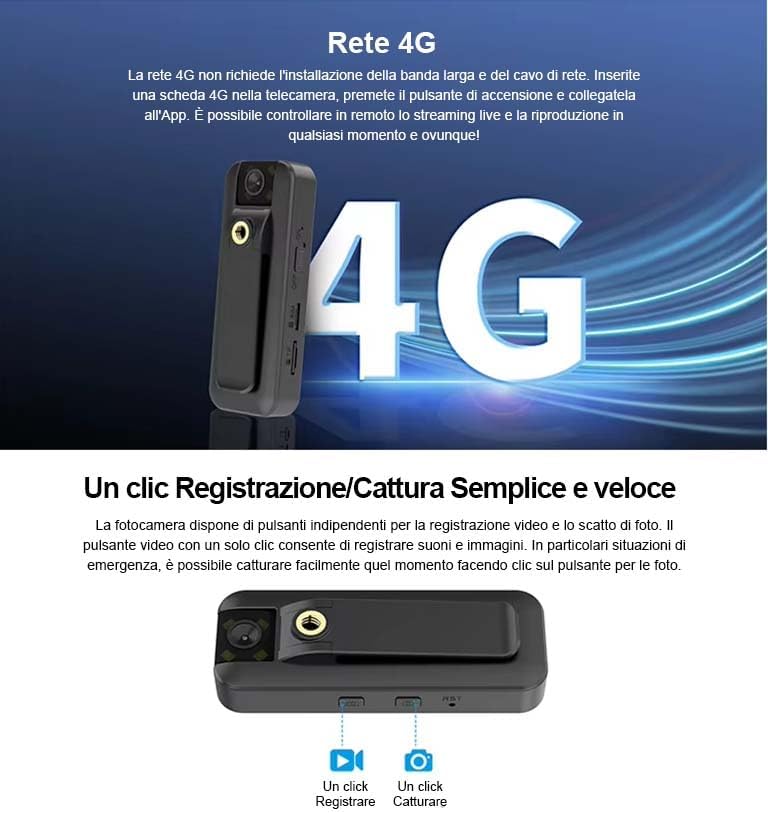 Mini Spy Camera with 4G SIM Indoor Wireless 1080P FHD spy camera, including already active SIM, 160° View, Night Vision, Motion Alarm, APP Viewing, Italian Manual (CB77-C)