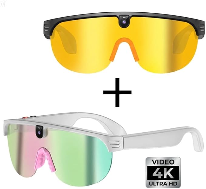 Occhiali Smart AI con Fotocamera 8MP e Audio Open-Ear – Montatura Bianca/ROSA, Video 1200P, Traduzione in 20+ Lingue, AI Descrittiva, Lenti Polarizzate + Gialle, APP Cyan Glasses