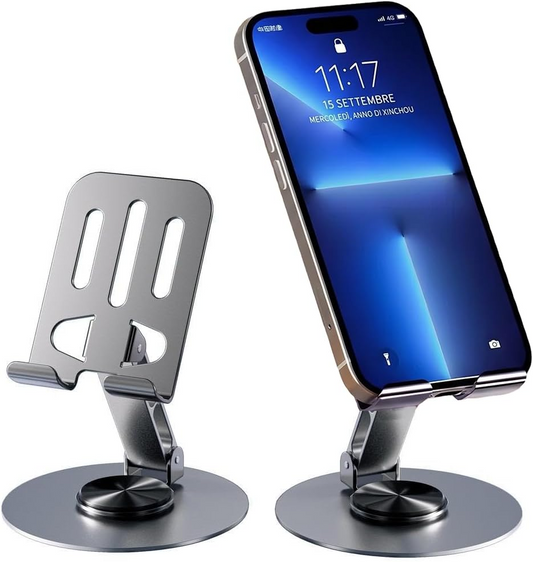 Supporto per Telefono e Tablet da Tavolo in Metallo – Base Girevole a 360°, Universale Regolabile per Smartphone e iPad, Struttura Robusta