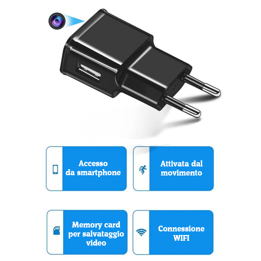 Caricatore USB con Telecamera Wi-Fi 4K/1080P - Telecamera con Visione Notturna, Microfono, Controllo App e Notifiche Movimento - Sorveglianza per Casa e Ufficio