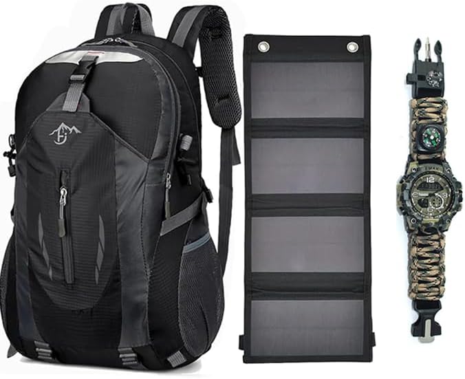 Zaino con Pannello Solare 20W USB 5V - Zaino Trekking da 40 Litri Impermeabile con orologio multifunzione per Escursionismo, Alpinismo, Campeggio - Spallacci e Schienale Imbottiti