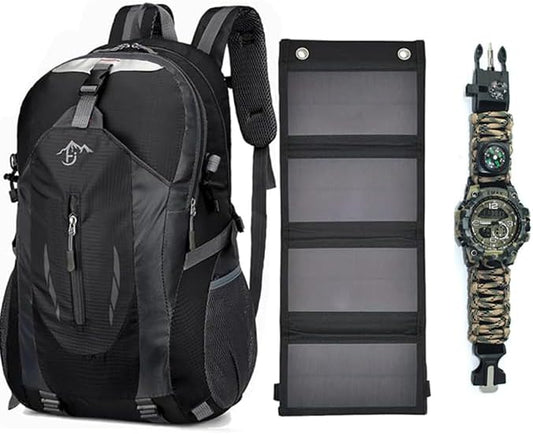 Zaino con Pannello Solare 20W USB 5V - Zaino Trekking da 40 Litri Impermeabile con orologio multifunzione per Escursionismo, Alpinismo, Campeggio - Spallacci e Schienale Imbottiti