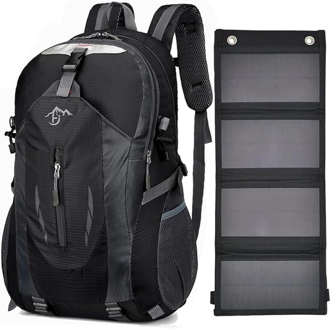 Zaino con Pannello Solare 20W USB 5V - Zaino Trekking da 40 Litri Impermeabile con orologio multifunzione per Escursionismo, Alpinismo, Campeggio - Spallacci e Schienale Imbottiti