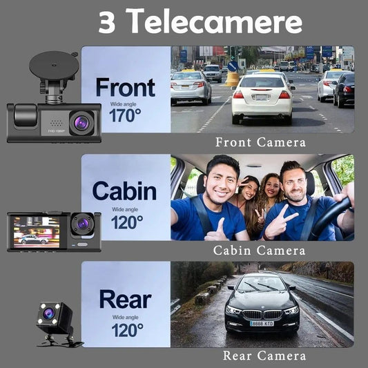 (3channel dash cam)Videoregistratore Auto Dashcam 3 Canali Full HD 1080P | Sistema a 3 Telecamere (Anteriore + Posteriore + Interno/Abitacolo) | Doppio Obiettivo Anteriore, Schermo LCD 3", Scatola Nera G-Sensor