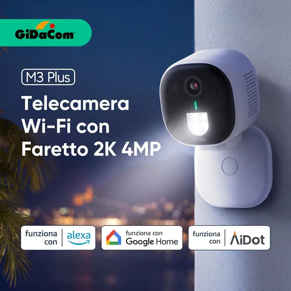 D3 Plus Telecamera Esterna 4MP con Visione Notturna a Colori – Rilevamento IA, Impermeabile IP65, Streaming Live 24/7 – Supporta MicroSD 128GB (Non Inclusa) – Compatibile con Google e Alexa