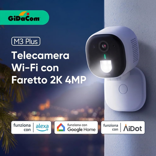 D3 Plus Telecamera Esterna 4MP con Visione Notturna a Colori – Rilevamento IA, Impermeabile IP65, Streaming Live 24/7 – Supporta MicroSD 128GB (Non Inclusa) – Compatibile con Google e Alexa