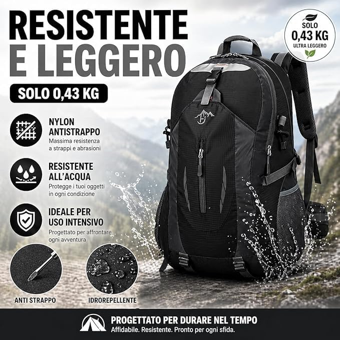 Zaino con Pannello Solare 20W USB 5V - Zaino Trekking da 40 Litri Impermeabile con orologio multifunzione per Escursionismo, Alpinismo, Campeggio - Spallacci e Schienale Imbottiti