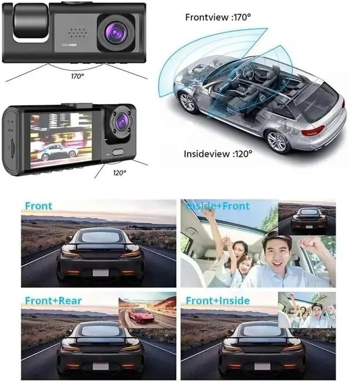 Videoregistratore Auto Dashcam 3 Canali Full HD 1080P | Sistema a 3 Telecamere (Anteriore + Posteriore + Interno/Abitacolo) | Doppio Obiettivo Anteriore, Schermo LCD 3", Scatola Nera G-Sensor