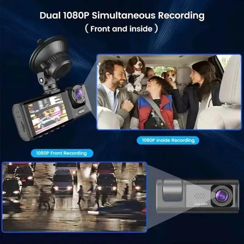Videoregistratore Auto Dashcam 3 Canali Full HD 1080P | Sistema a 3 Telecamere (Anteriore + Posteriore + Interno/Abitacolo) | Doppio Obiettivo Anteriore, Schermo LCD 3", Scatola Nera G-Sensor