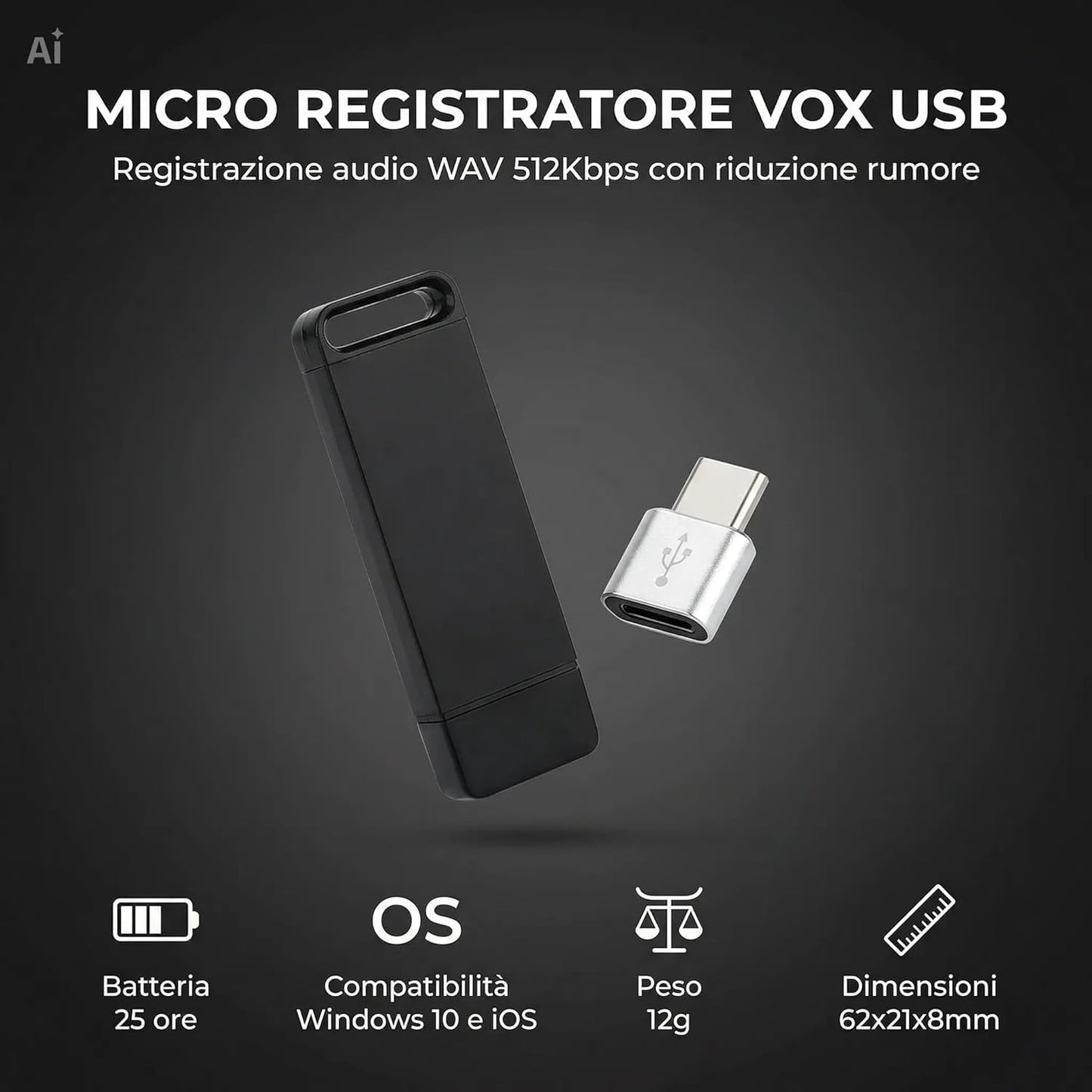 Registratore Audio Digitale Micro con 32 GB di Memoria Interna – Chiavetta USB Micro Registratore Vocale Professionale con Riduzione del Rumore, Batteria 25 Ore