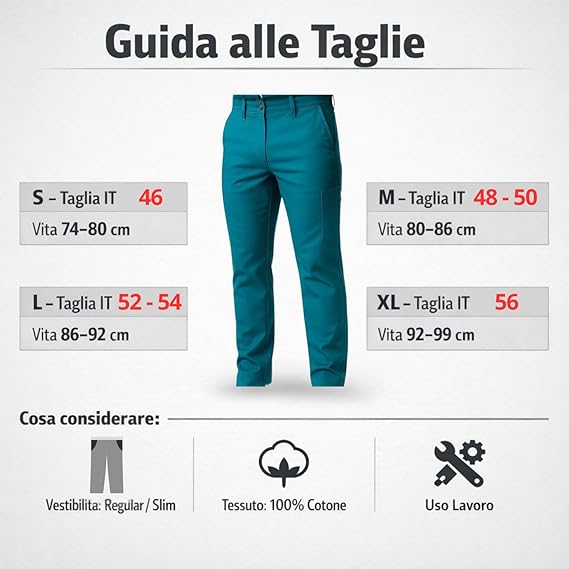 Pantaloni Cargo da Lavoro Uomo 100% Cotone, Made in Italy - Modello Classico a 3+1 Tasche, Verde - Comfort e libertà di Movimento Resistente e Comodo per Edilizia, Meccanico, Idraulico