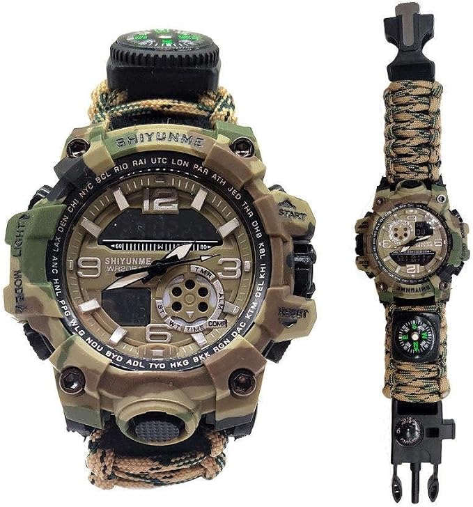 Orologio Survival con Corda da Paracadute 7-in-1 – Braccialetto Tattico con Bussola, Termometro, Fischietto, Cacciavite, Raschietto, Luminescente, per Campeggio, Arrampicata e Trekking