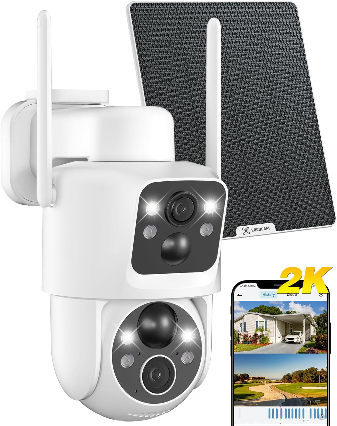 2K Telecamera Wi-Fi Esterno Senza Fili Solare PTZ con Doppio Obiettivo Doppio PIR, Batteria 10000mAh, 355°P 90°T, Intelligenza Artificiale, Pannello Solare 6W, IP66