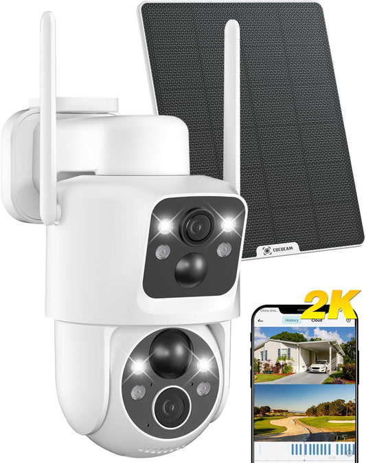 2K Telecamera Wi-Fi Esterno Senza Fili Solare PTZ con Doppio Obiettivo Doppio PIR, Batteria 10000mAh, 355°P 90°T, Intelligenza Artificiale, Pannello Solare 6W, IP66