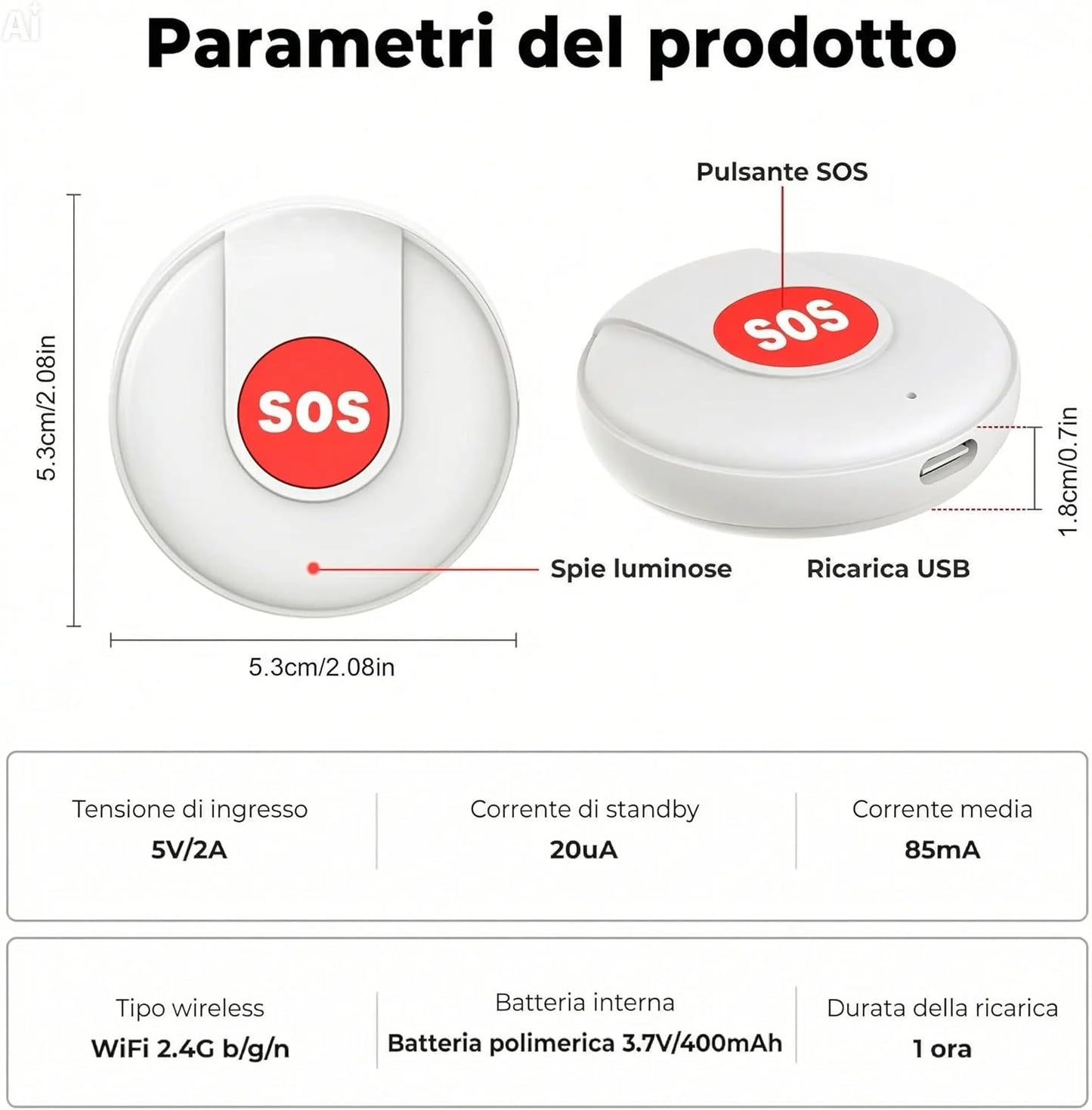 SOS Anziani e Bambini: Allarme Personale con Pulsante di Emergenza. Compatibile con APP Tuya e Smart Life. Notifica sul Telefono, Non Serve SIM. lunga autonomia. (Bianco)