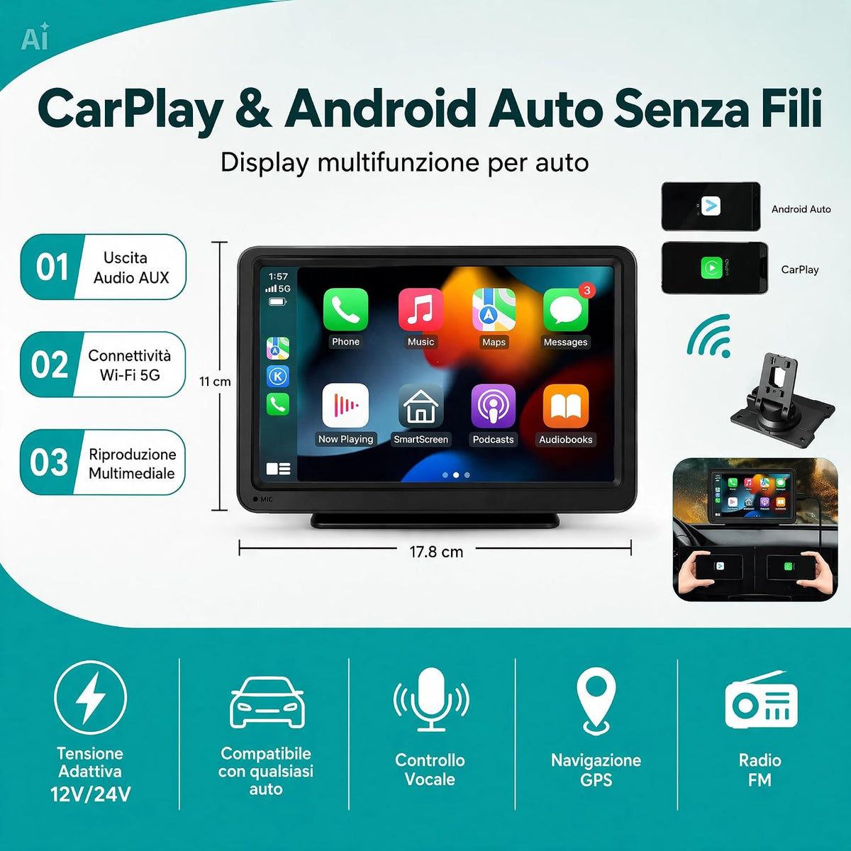 CarPlay e Android Auto Wireless Display Touchscreen per Auto – Schermo HD Bluetooth, Chiamate Vivavoce, GPS, telecamera posteriore, Per Auto, SUV, Furgoni e Camion