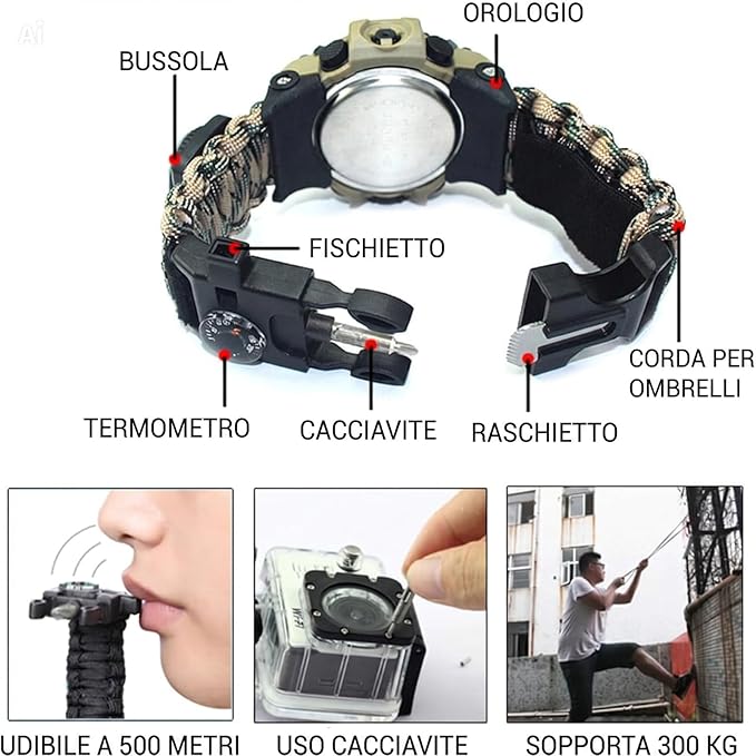 Orologio Survival con Corda da Paracadute 7-in-1 – Braccialetto Tattico con Bussola, Termometro, Fischietto, Cacciavite, Raschietto, Luminescente, per Campeggio, Arrampicata e Trekking