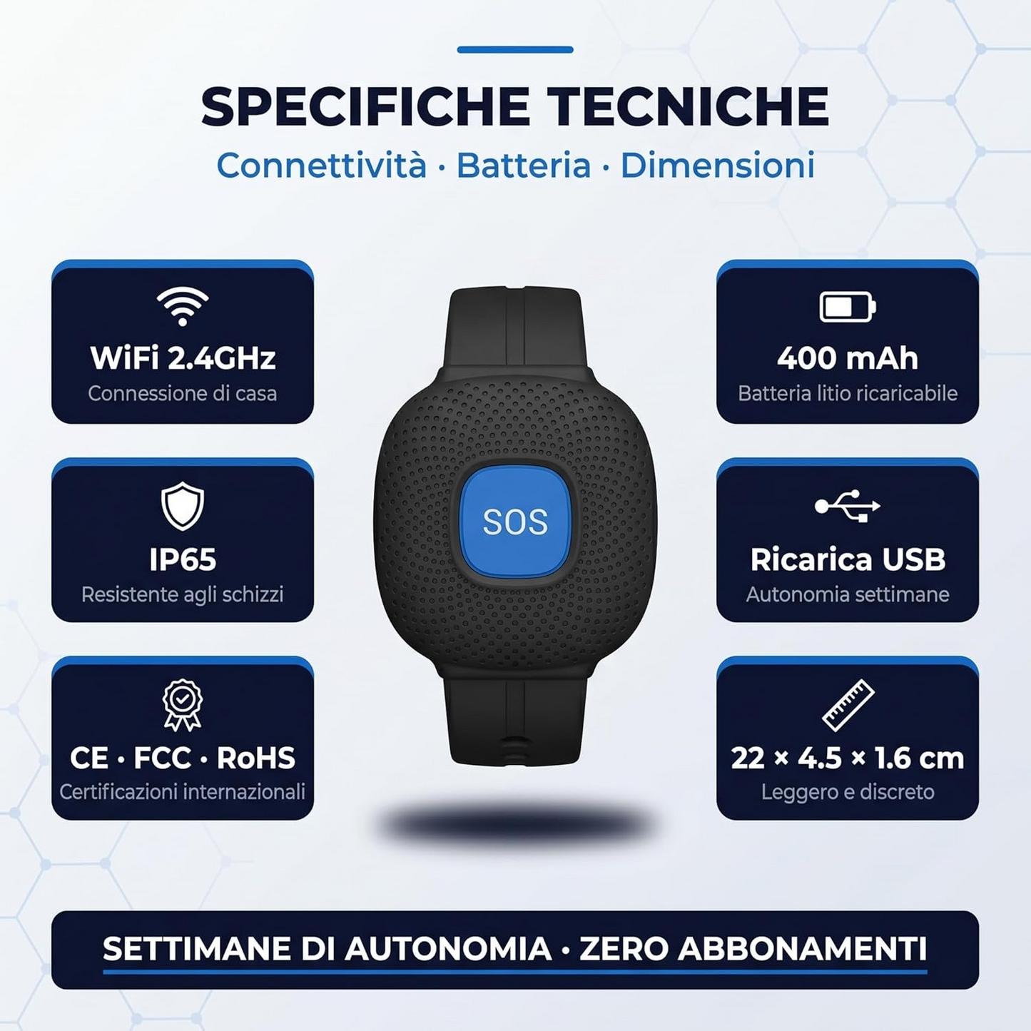 (WL96WT) LifeAlert Connect Pulsante SOS Anziani WiFi - Bracciale Emergenza Personale Compatibile Tuya Smart Life - Ciondolo Salvavita Notifica App Smartphone - Impermeabile IP65 - Batteria 400mAh (Nero)
