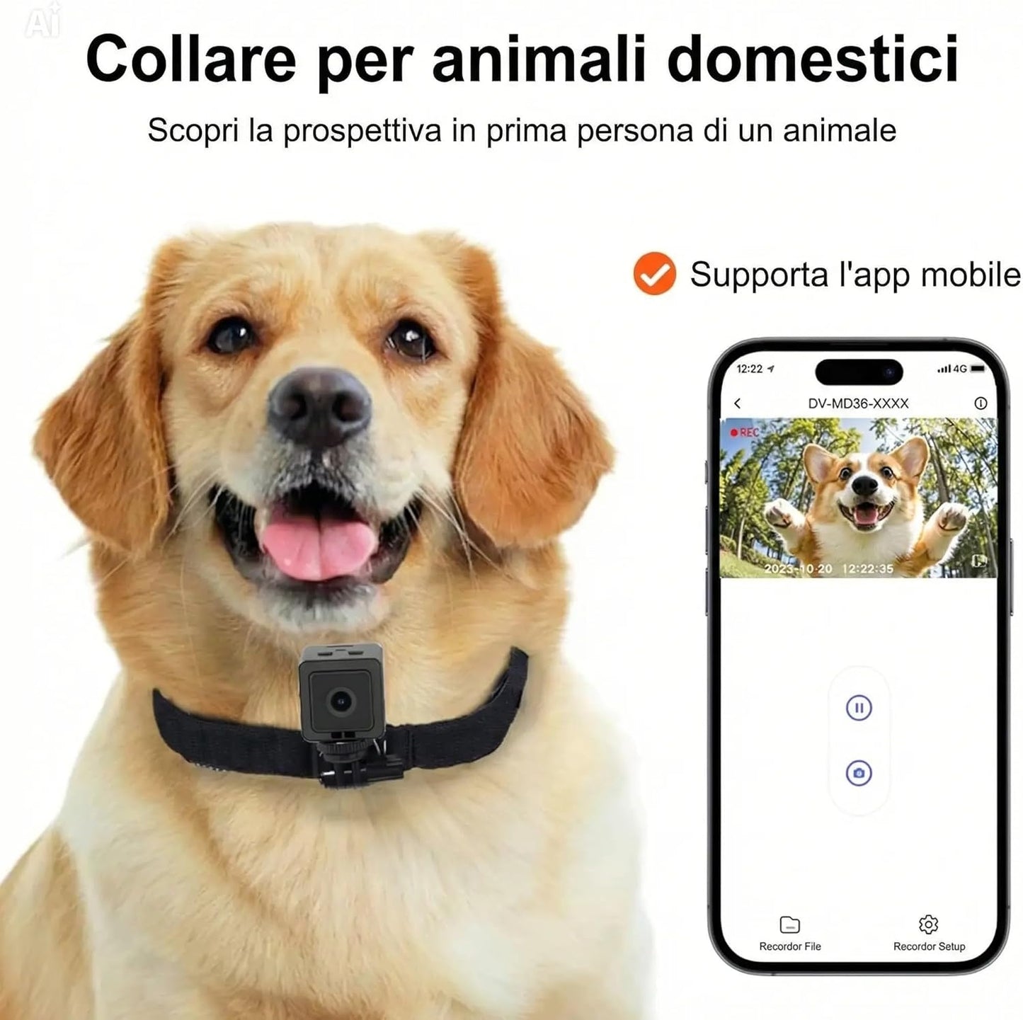 Telecamera per Cani e Gatti WiFi con Visione in Tempo Reale – Videocamera Portatile Full HD 1080P con Grandangolo 120°, Batteria 700mAh, Supporto Micro SD, Connessione Hotspot AP – Monitora il Tuo Pet