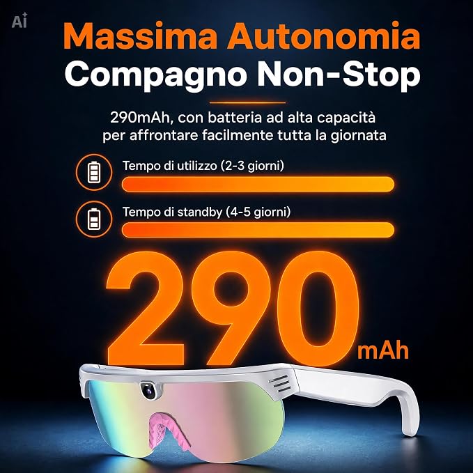Occhiali Smart AI con Fotocamera 8MP e Audio Open-Ear – Montatura Bianca/BLU, Video 1200P, Traduzione in 20+ Lingue, AI Descrittiva, Lenti Polarizzate + Gialle, APP Cyan Glasses