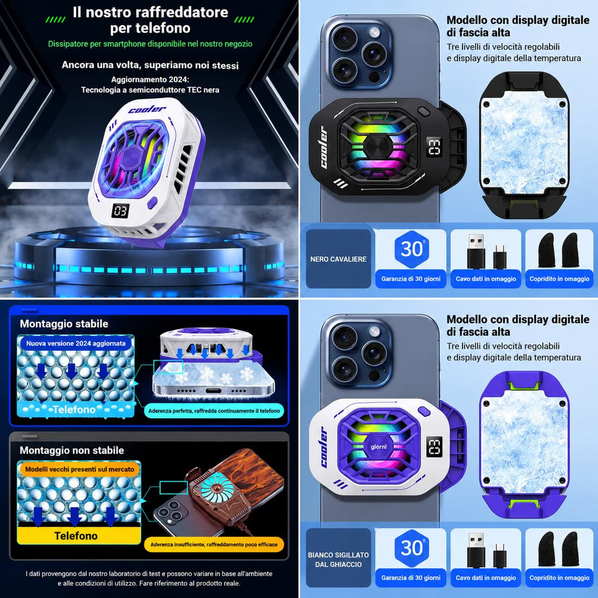 Ventola raffreddamento telefono cellulare con Cella di Peltier - Display Digitale – 3 Velocità per Gaming, Clip Universale e Sistema Magnetico – Per iOS e Android